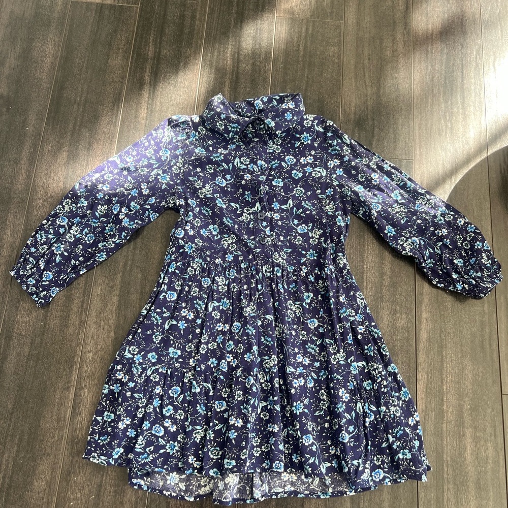 Mango Blue and White Fit and Flare Dress with Bishop Sleeves